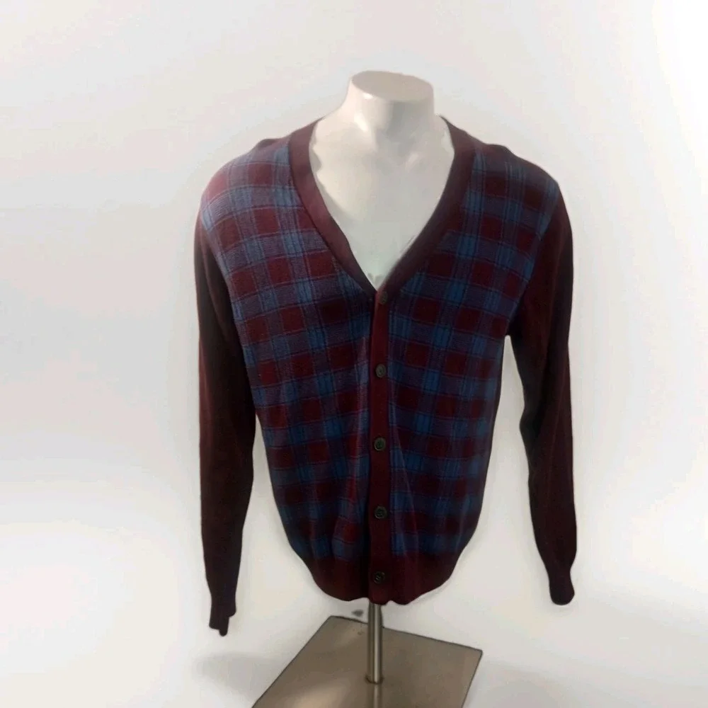 Saddlebred Men's M Burgundy Blue Cardigan Sweater  Academia Grandpa Ol Money
